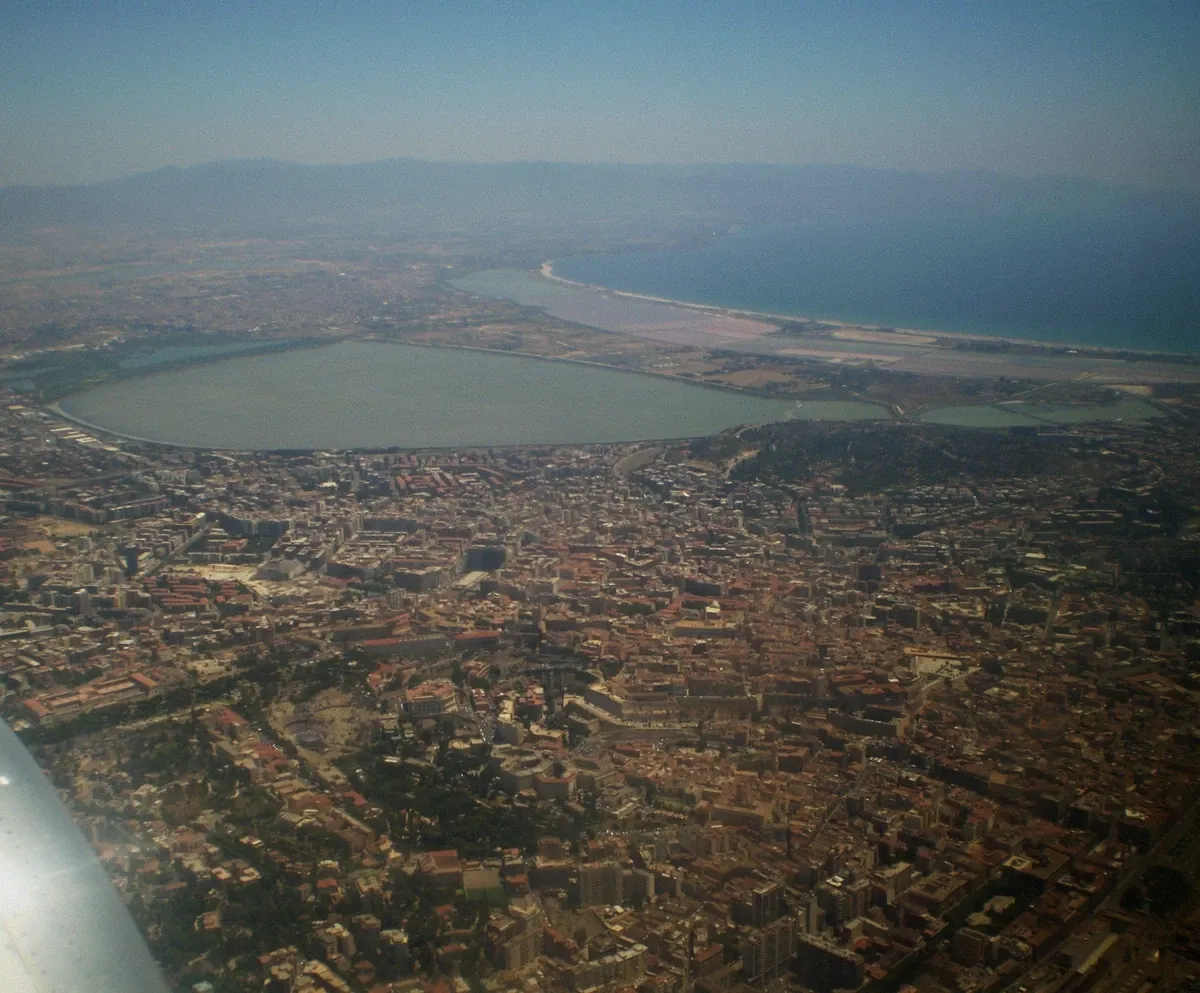 Aerial view of Molentargius wetland, Poetto beach and the sea at Cagliari - the family day's geography in one frame