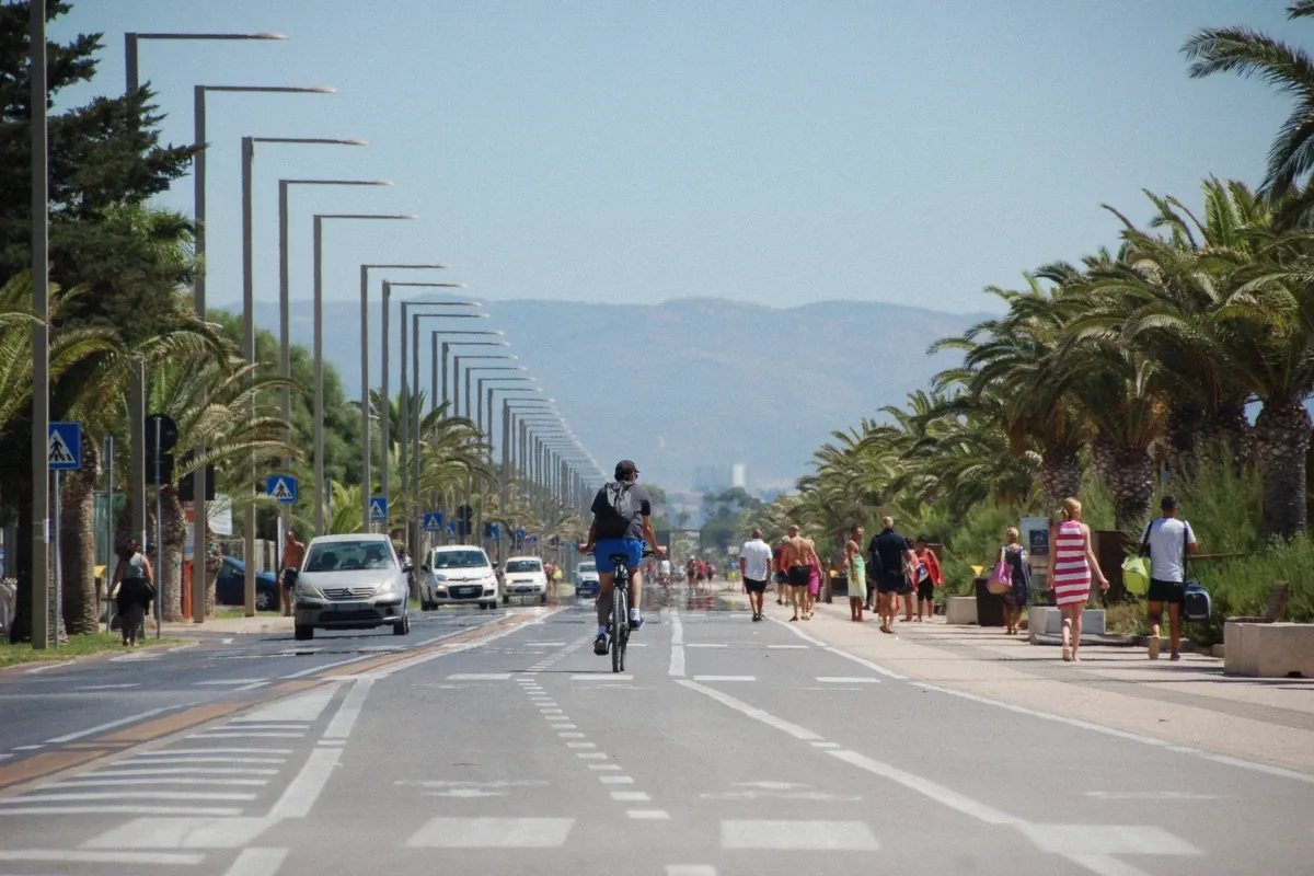 Poetto seafront with the beach and sea at Cagliari where family boat days begin and end